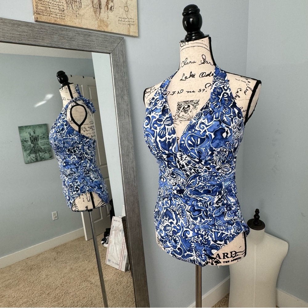 Ralph Lauren One Piece Bathing Suit Floral Padded Swim Blue US Size 12